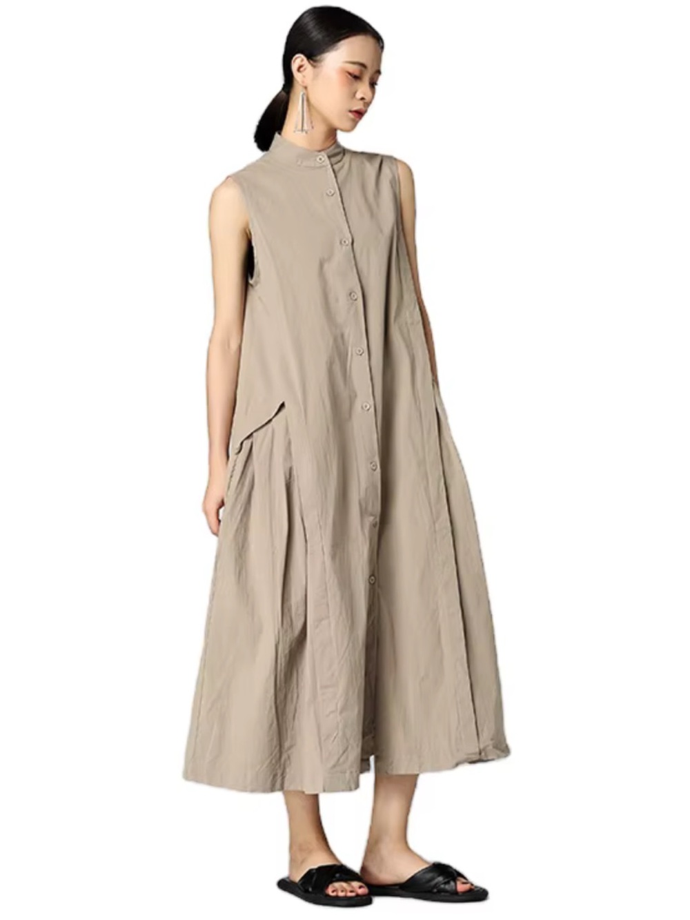 Japanese Inspired Sleeveless Button-Front Maxi Dress in Taupe Size Small